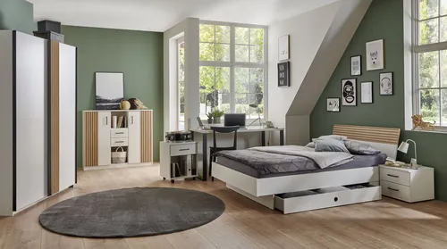 möbel-direkt.de Jugendzimmer-Set Rügen in Weiß und Artisan Eiche – Komplett Set 7-tlg. - Stilvolles Jugendzimmer-Set in Weiß und Artisan Eiche, Made in Germany. Inklusive Bett mit Stauraum, geräumigem Kleiderschrank und funktionalem Schreibtisch – perfekt für Ordnung und modernes Design!