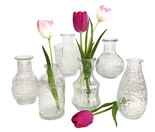 Glasvase Vintage, Mini Vase klar, H: 11,5-14,5 cm (6er Set) - kleine Vase, Blumenvase, Landhaus Vasen, Tischdekoration, Blumendeko, Hochzeit Deko