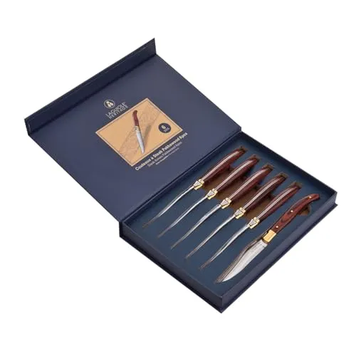 LAGUIOLE HERITAGE Steakmesser Set – 6-teilig – Steakmesser mit edlem Pekka-Holzgriff – rostfreier Edelstahl – hochwertiges Messer-Set in Geschenkbox, Braun