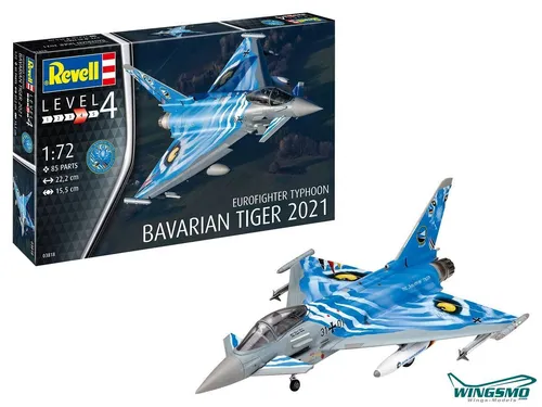 Revell Eurofighter Typhoon The Bavarian Tiger 2021 Modellbausatz - Flugzeugmodell im Maßstab 1:72, ideal für Bastler von 12-16 Jahren, detailgetreu und mehrfarbig, Höhe 7,4 cm, Länge 22,2 cm.