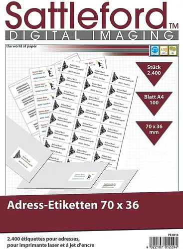 Produktbild ETIKETTEN 70 x 36 mm weiß A4 Laser Inkjet Kopierer Drucker Klebeetiketten 2400