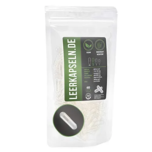 Magensaftresistent | leere Kapseln Größe 00 | magensaftresistente Leerkapseln | vegan - hoch qualitativ | lösen sich erst im Dünndarm auf (400 Stück Gr. 00)