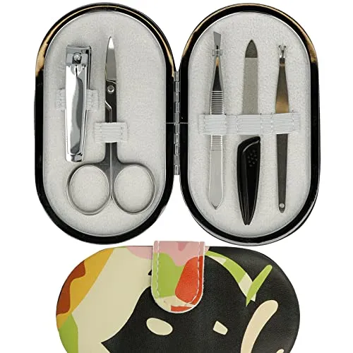 CLAUSS Maniküre Set 5-teilig plus Etui, mit Nagelschere, Feile, Pinzette, Nagelknipser und Nagelhautentferner, Carbonstahl, rostfreier Stahl, schwarz rot pink, CL-96113