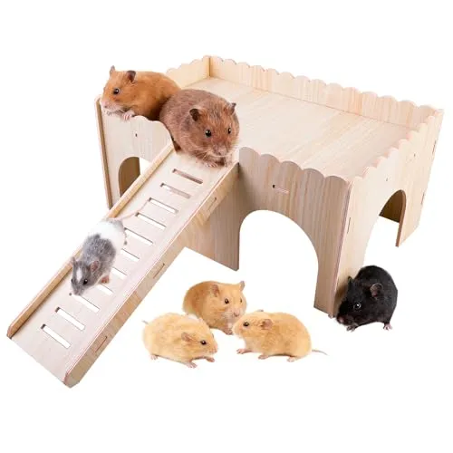 Groß Meerschweinchen Haus - Holz Hamsterhaus Mit Leiter, 2 Etagen Versteck für Kleine Haustiere Zwerghamster, 38 x 25 x 18 cm