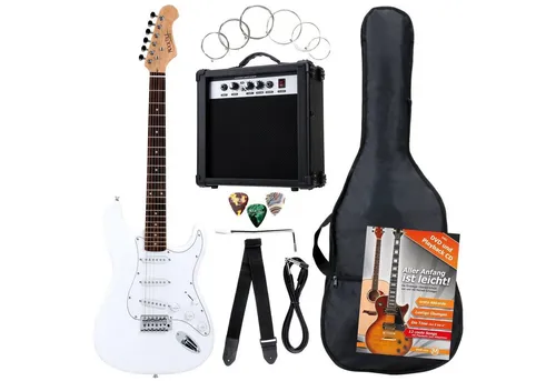 Rocktile Banger's Pack E-Gitarre Set Weiß - Komplettes E-Gitarre Einsteigerset im ST Design mit hochwertigem Lindenholz, 25W Verstärker und praktischer Gitarrentasche – ideal für Anfänger!
