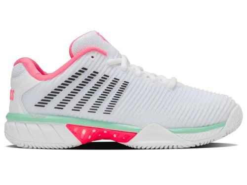 KSwiss Tennisschuhe Hypercourt Express 2 HB Clay/Sandplatz 2025 - Damen Tennisschuhe mit HB-Sohle für optimalen Grip auf Asche- und Kunstrasenplätzen, sportlicher Look in Weiss/Pink/Mint, ideal für ambitionierte Spielerinnen.