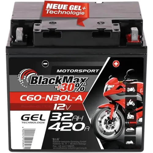 BlackMax +30% Motorsport 53030 GEL Motorradbatterie 12V 32Ah 420A EN