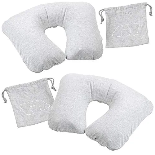 PEARL Flugkissen: 2er-Set aufblasbare Nackenhörnchen, Abnehmbarer Polycotton-Bezug, grau (Aufblasbares Reisekissen Flugzeug, Aufblasbares Kissen Flugzeug, aufblasbar)