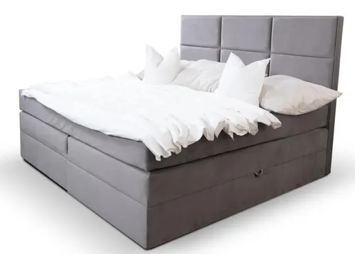 Modernes Doppelbett 180 cm mit Matratze in Grau - Stilvolles Bettgestell aus Holz, ideal für Schlafzimmer. Liegefläche 180 x 200 cm, modern und robust. Getuftete Polsterung sorgt für einen eleganten Look.