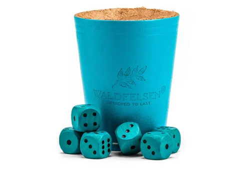 Waldfelsen Echtleder Würfelbecher mit 6 Buchenholz Würfeln - Klassischer Echtleder Würfelbecher (9 cm) mit 6 handelsüblichen Buchenholz Würfeln (16 mm). Ideal für Brettspiele und DIY-Projekte, in verschiedenen Farben erhältlich.