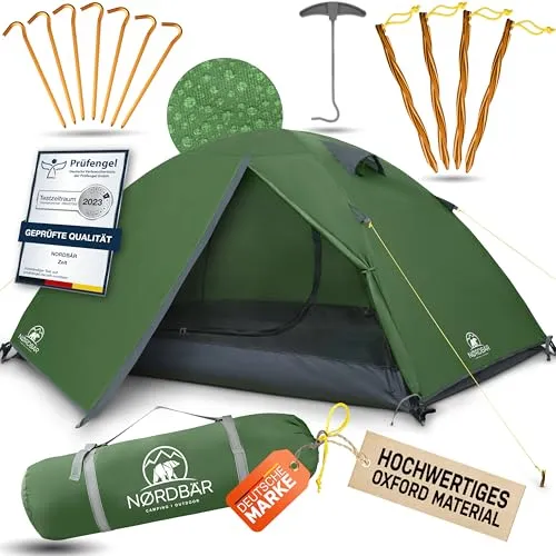 NORDBÄR® Zelt für 1-2 Personen - Ultraleicht & Wasserdicht - Campingzelt für 1-2 Personen, ideal für Festivals und Trekking. Mit nur 2,8 kg Gewicht und atmungsaktivem Oxford-Gewebe bietet es perfekten Schutz und optimalen Komfort bei jedem Wetter.