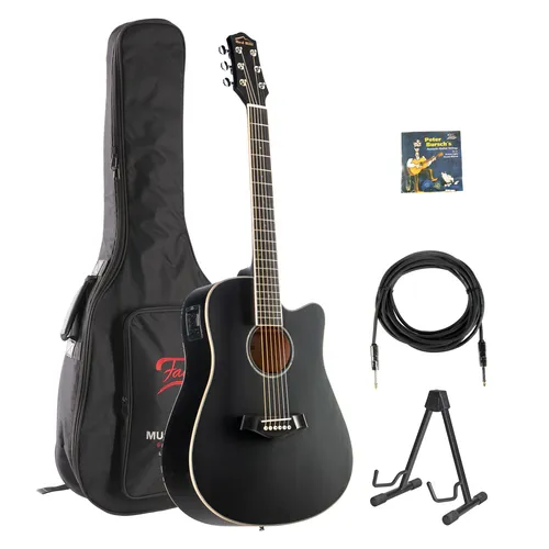 Westerngitarre Red Hill DCE-48-S-Black Set - Vielseitiges Westerngitarren-Set mit Cutaway und hochwertiger Fichtendecke. Inklusive schützender Tasche und Gitarrenständer für optimalen Transport und Präsentation.