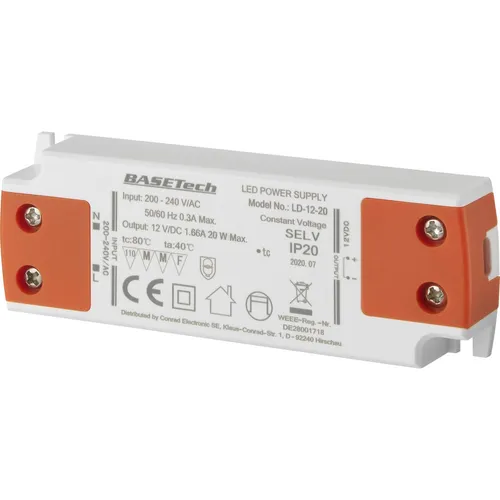 Basetech LD-12-20 LED-Trafo Konstantspannung 20 W 1.66 A Möbelzulassung, Üb...