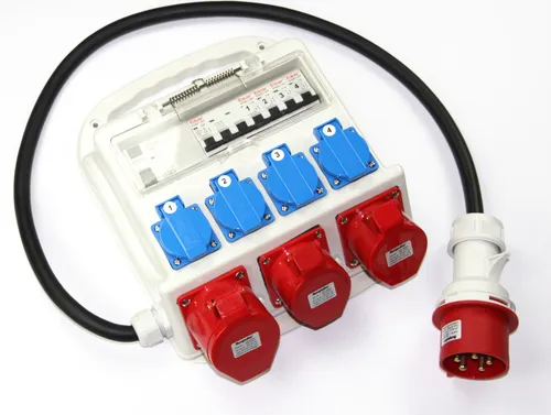 Baustromverteiler 4 x 230V, 2 x 400V 16A, 1 x 400V 32A mit FI-Schutzschalter