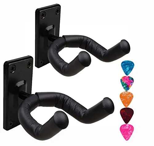 PUNK Wandhalterung für Gitarre,Gitarrenhakenhalter,Ukulelen-Wandhalterung und 5 Stück 0.41mm Gitarrenplektren,für Akustikgitarre,klassische Gitarre,Bass,E-Gitarre,Ukulele,2 Stück,schwarz