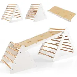 COSTWAY 3 in 1 Kletterdreieck & Leiter & Rutsche, Klettergerüst mit doppelseitigen Rampe, Sprossendreieck zum Klettern und Rutschen, für Kleinkin... - Beige/Weiß