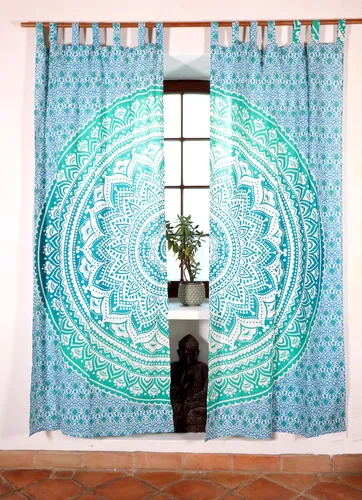 Boho Vorhänge, Gardine (1 Paar) mit Schlaufen - Gardinen & Vorhänge im Ethno-Stil, handbedruckt aus 100% Baumwolle, fair gehandelt in Indien – ideal für ein gemütliches und individuelles Wohnambiente.