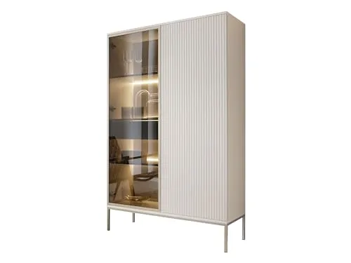 Mirjan24 Vitrine Selvix WTSZ104 mit 2 Türen, Schublade, 8 Fächer, mit LED-Beleuchtung, B:104 x H:146 x T:39 cm, Standvitrine, Glasvitrine, Vitrinenschrank, Hochvitrine (Cashmere)
