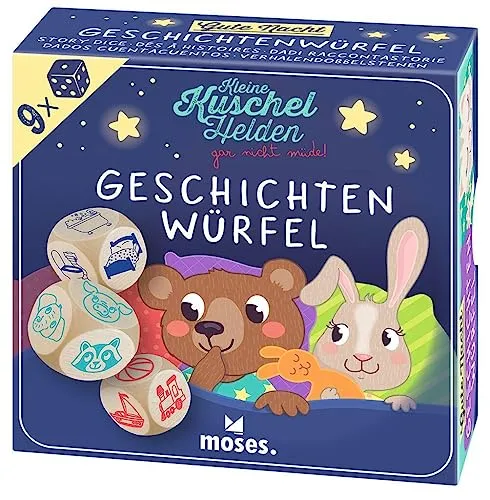 moses Geschichtenwürfel Kuschelhelden, 9 süße Erzählwürfel für Kinder, kreatives Würfelspiel für Gute-Nacht-Geschichten mit großen Holzwürfeln, Kinderspiel ab 4 Jahren