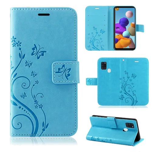 Handy Tasche für Samsung Galaxy A21s Hülle Case Etui Flip Cover TPU Blume Blau