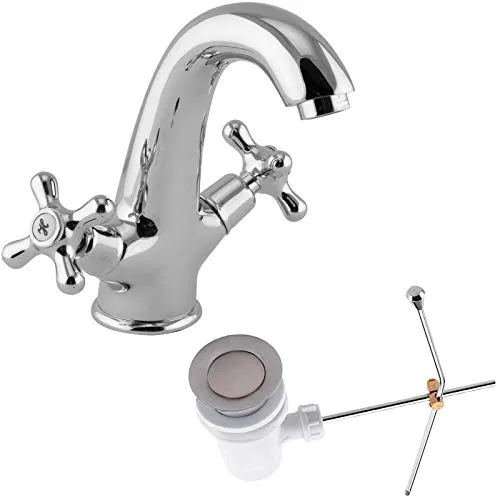 PaulGurkes Waschtischarmatur Aufputz Wasserhahn Zweigriffmischer Retro Nostalgie Mischbatterie Excenter Zugstange Ablaufgarnitur massives Messing hochwertig verchromt