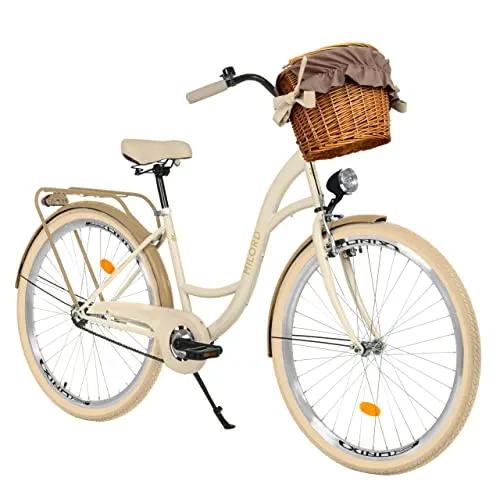 MILORD Damenfahrrad Citybike Komfort mit Weidenkorb, Vintage Design, 28 Zoll
