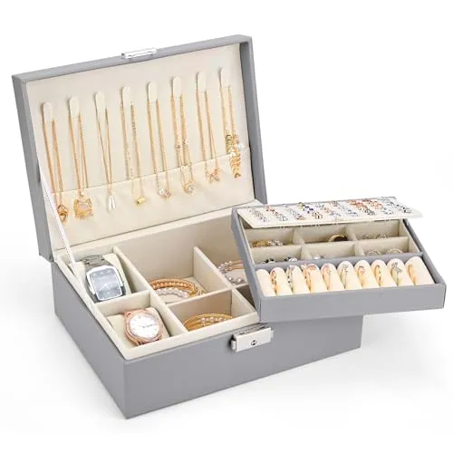 Sofore Schmuckkästchen Mädchen, 2 Etagen Reise Schmuckkästchen schmuckkästchen groß mit 2 Uhrenkissen, PU-Leder Aufbewahrungskoffer für Ohrringe Ringe Halsketten Uhren Armbänder,Dunkelgrau