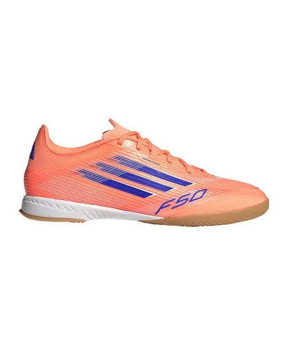 adidas Unisex F50 League Indoor Fußballschuhe - Beam Orange/Lucid Blue/Cloud White 45 1/3 - Fußballschuhe für Hallenböden mit abriebfester Gummiaußensohle und schnittigem Fiberskin-Obermaterial für optimale Ballkontrolle.