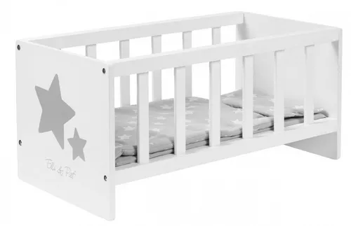 ELLA & PIET® Puppenbett SLEEPY mit Sternchen - Puppenbett aus Holz (Weiß-Grau), stabil und stilvoll, inklusive Matratze, Kissen und Decke - ideal für Puppen bis 43 cm, perfekt für kleine Puppeneltern ab 3 Jahren.