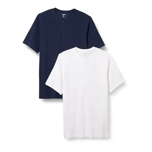 Amazon Essentials Herren Kurzärmliges Henley-Shirt aus Piqué mit normaler Passform (erhältlich in Übergrößen), 2er-Pack, Marineblau/Weiß, L