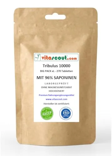 Tribulus Terrestris 10000 – 270 Vegetarische Tabletten Extrakt 30:1 – Hochdosiert 96% Saponine – Ohne Mykotoxine – Tagesdosis entspricht über 10000mg Pulver LABORGEPRÜFT