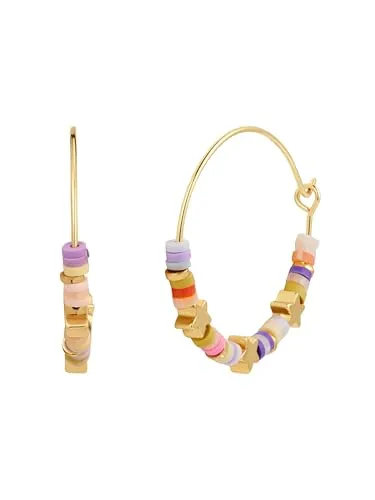 Yokoamii Damen Creolen aus Messing gelbvergoldet 14 Karat mit Heishi Perlen lila gelb pink rot