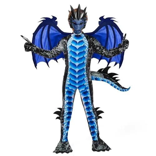 Spooktacular Creations Kind Jungen Schwarz und Blau Drachenkostüm, Drachenflügel und Maske, Halloweenanzug Drachenanzug für Jungen für Halloween-Partys, Cosplay-M