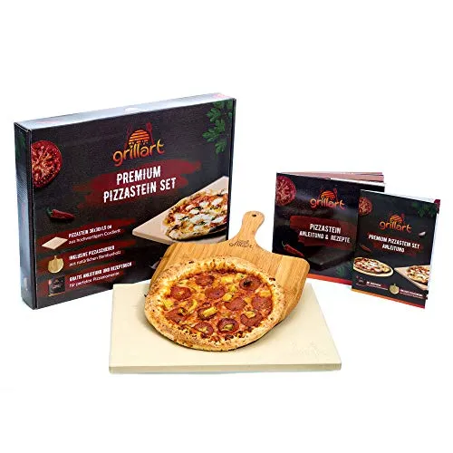 grillart® Premium Pizzastein für Gasgrill, Holzkohlegrill und Backofen im Set – Hochwertiger Pizzastein rechteckig inklusive Pizzaschieber und Rezeptbuch – auch optimal als Brotbackstein geeignet