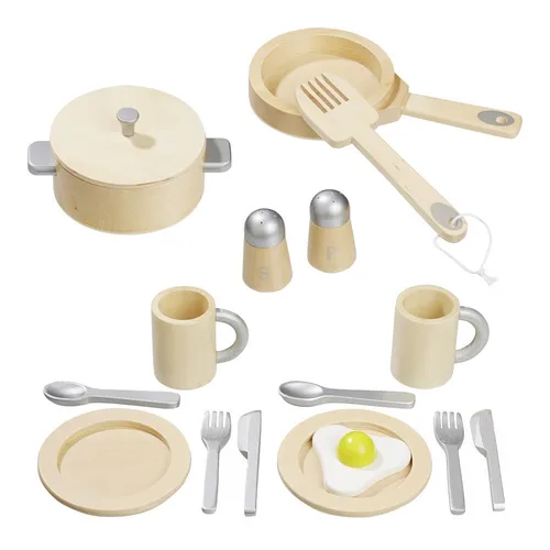 howa Spielgeschirr 16-tlg. aus Holz - Das 16-teilige Küchenset aus Holz ist ideal für die Kinderküche. Es enthält alles, was kleine Köche brauchen: Töpfe, Pfannen und Besteck. Hergestellt mit kindersicheren Farben, garantiert es sicheres Spielvergnügen.