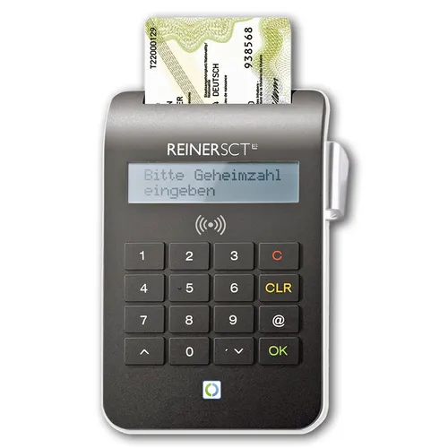 REINER SCT Chipkartenleser cyberJack RFID komfort - Vielseitiger Chipkartenleser für eID und Online-Banking, mit beleuchtetem Display und TÜV-zertifiziert