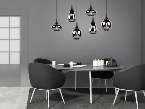 LED Pendelleuchte Industrial 6-flammig mit Rauchglas Optik für Esstisch - Moderne 6-flammige Hängelampe im Vintage-Stil mit edlen Glasschirmen und dimmbaren Filament LED Leuchtmitteln für individuelle Beleuchtung. Ideal für Ess- und Wohnräume.