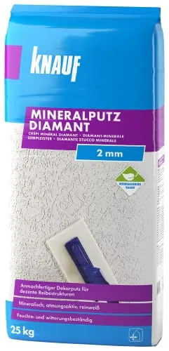 Knauf 5785 Mineral Diamantputz 2 mm, weiß - Witterungsbeständiger Innen- und Außenputz, ideal für stark beanspruchte Bereiche. Dank der speziellen Diamant-Formel besonders hart und kratzfest. Für ein gesundes Raumklima und individuelle Farbgestaltung.