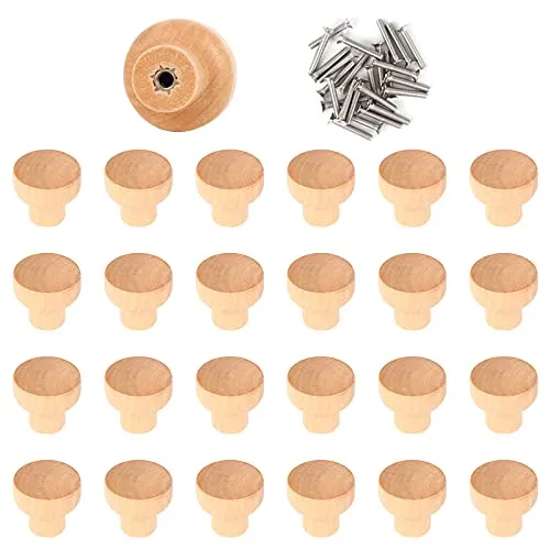 Haisheng 25 Stück Möbelknöpfe Natur Schubladengriff Runde Zugknöpfe Lack Holz Schubladengriff Klein Möbelgriffe Holz Knäufe Wohnaccessoir für Schränke und Schubladen und Tür mit Schrauben