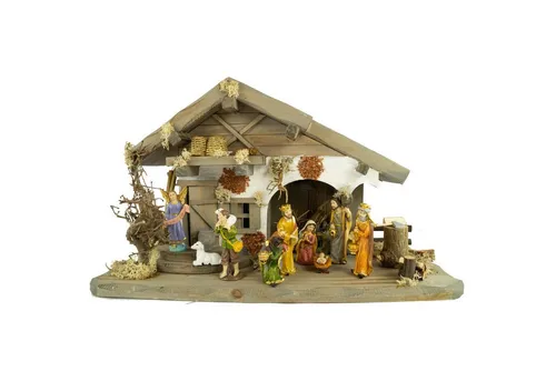Festliche Weihnachtskrippe Moorsbrunn mit 12 Figuren - Traditionelle handgefertigte Weihnachtskrippe, ideal für festliche Dekoration. Mit 12 liebevoll gestalteten Figuren, Höhe 22cm, Breite 20cm, Länge 40cm, aus hochwertigem Holz in mehrfarbigem Design.