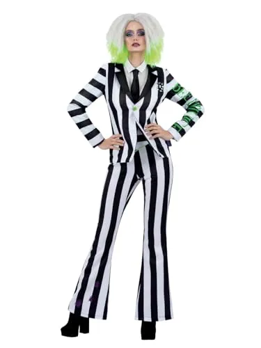 Smiffys Beetlejuice-Kostüm: Jacke, ausgestellte Hose und Krawatte - Offizielles Beetlejuice-Deluxe-Kostüm mit einzigartiger ausgestellter Hose und ikonischer Jacke für einen unvergesslichen Auftritt bei Halloween und Themenpartys.