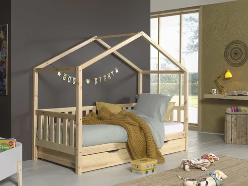 Vipack Hausbett Dallas – Stilvolles Bett für Kinderzimmer - Kinderzimmermöbel mit Hausoptik, wahlweise mit Bettschublade oder Textilhimmel. Hergestellt aus FSC-zertifiziertem Massivholz, bietet es Sicherheit und Design für Ihr Kind.
