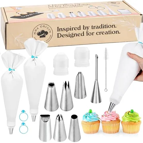 Premium Spritzbeutel mit Tüllen 2er Set | 14-teilig | 7 große Spritztüllen mit Spritzsack aus Baumwolle 40 cm