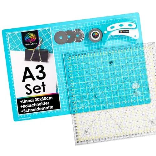 OfficeTree Schneidematte Set A3 45x30 + Rollschneider + Patchwork Lineal 30x30 cm - Schneidematte A3 Selbstheilend - Schneiderlineal Schneiderunterlage und Rollschneider Set - Schneidunterlage nähen
