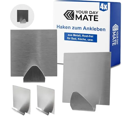 Edelstahl Haken zum Ankleben, 4 Stück, in Silber-farben, Klebehaken für Handtuch, Geschirrhandtuch, Waschlappen, Handtuchhaken Bad, Handtuchhalter Küche, Küchenhaken, Handtuchhalterung selbstklebend