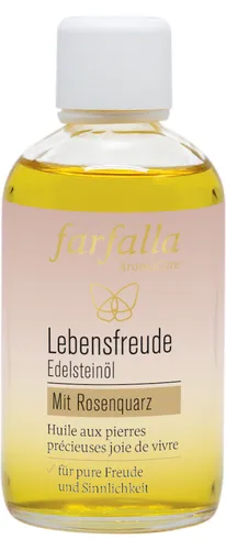 Farfalla Edelsteinöl Lebensfreude 100 ml - Massageöl mit Granat, Rubin und Rosenquarz, angereichert mit Rosengeranie und Bergamotte. Unterstützt das Wohlbefinden und enthält einen echten Rosenquarz für zusätzliche Energie.