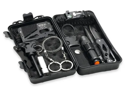 Blanko 207769 Taschenwerkzeug-Set mit 10 Funktionen - Grill & Camping: 10-teiliges Outdoorset in praktischer Box, ideal für Camping und Notfälle, inklusive Paracord-Armband, Taschenlampe mit 350 Lumen und multifunktionalem Kreditkartentool.