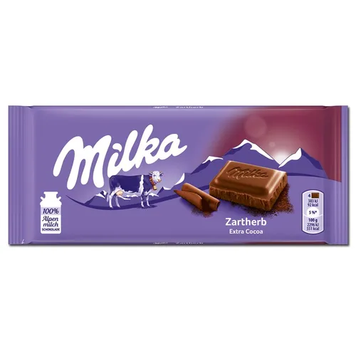 Milka Zartherb Schokolade 90g - Tafelschokolade mit mindestens 45% Kakaoanteil, ideal für Liebhaber dunkler Schokolade und ein Genuss für jeden Moment.