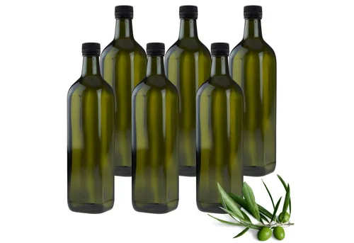 mikken Ölspender 6 Ölflasche 750 ml mit Ausgießer grün/braune Glasflasche + Etiketten, (6-tlg., 6er Set), mit Originalitätsring