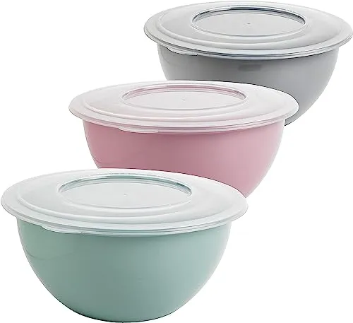 Salatschüssel mit Deckel, 3-teiliges Set mit 5-Liter-Schüsseln in trendigen Farben (hellgrau, pastellrosa, grün). Inklusive transparenter Deckel. Hochwertige EU-Fertigung aus BPA-freiem PP-Kunststoff
